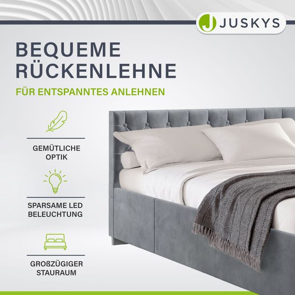 Juskys 'Nizza' Polsterbett mit Lattenrost, Bettkasten & LED Beleuchtung, Chesterfield-Steppung, Samtbezug, Grau, 120x200 cm, mit Matratze