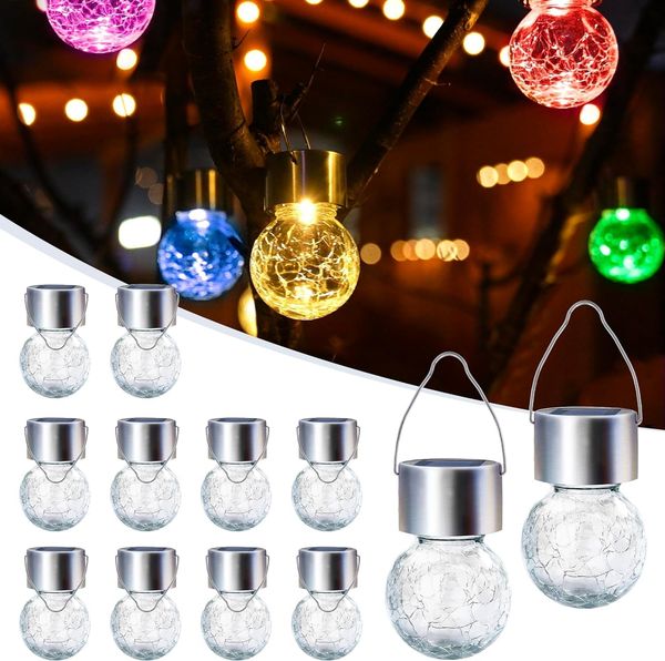 GIGALUMI 12 Stück Solar-Außenleuchten, Solar-Hängeleuchten für Weihnachtsdekoration, rissiges Glas, Solarleuchten für den Außenbereich, wasserdicht, für Garten, Hof, Zaun, Baum (Farbwechsel)