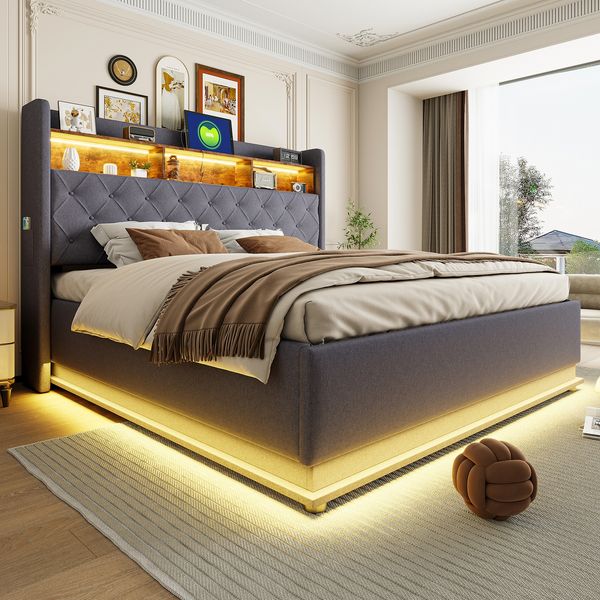 Polsterbett 180x200 cm mit LED-Beleuchtung, USB-Anschluss und integriertem Stauraum, ohne Matratze