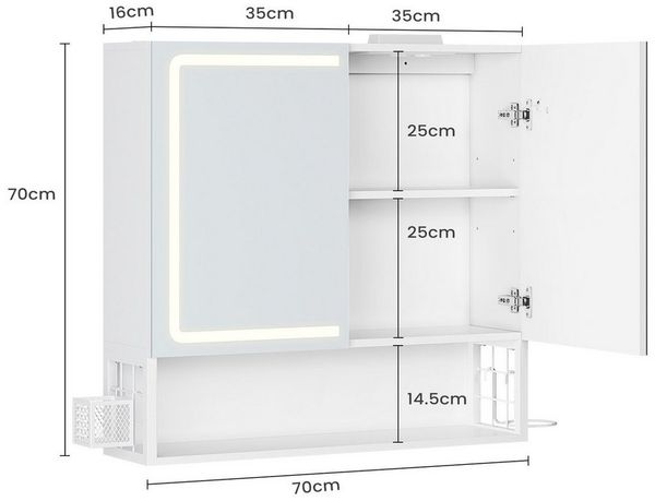 MSMASK Badezimmerspiegelschrank mit LED-Beleuchtung & Steckdose, Spiegelschrank (1-St) 2 Türen, 1 offener Einlegeboden, 70×16×70 cm, Weiß