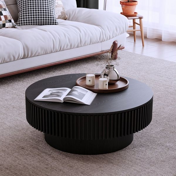 OKWISH Couchtisch Runder Couchtisch 75cm mit Stauraum, Holz furniert (Packung, 1-St, Moderner Beistelltisch und Teetisch in moderner schwarzer Optik), Geeignet für Wohnzimmer, Schlafzimmer, Wohnung und Büro