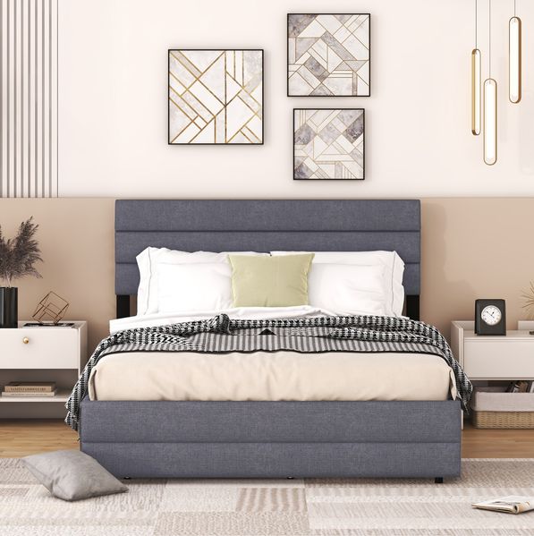 Bett 140x200 cm mit Ausziehbett und Schubladen – Leinenbezug, platzsparendes Plattformdesign