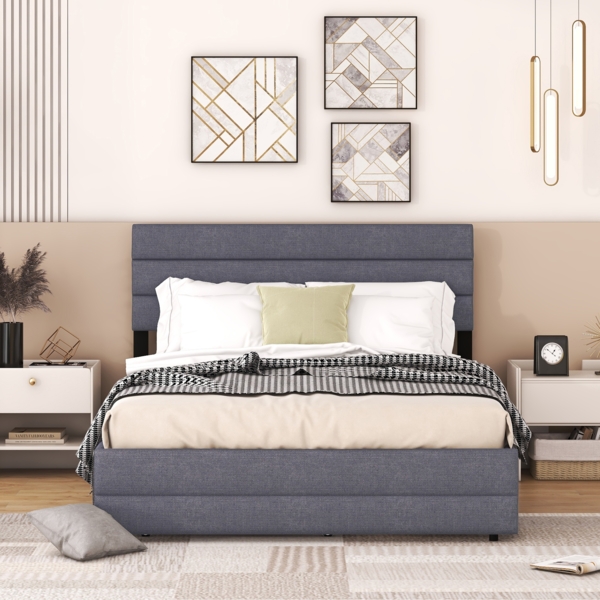 Bett 140x200 cm mit Ausziehbett und Schubladen – Leinenbezug, platzsparendes Plattformdesign