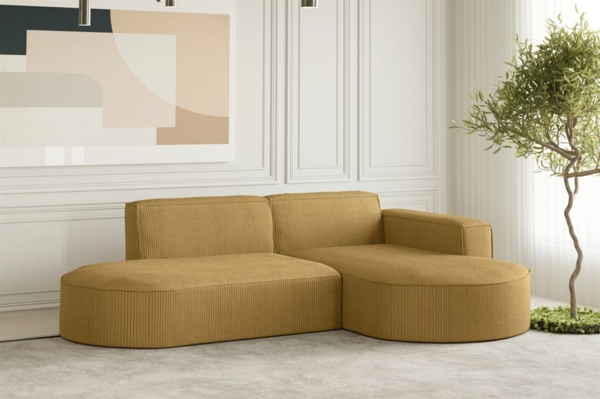 Ecksofa Designersofa PALMA XS in Stoff Scala Senfgelb Ottomane Rechts