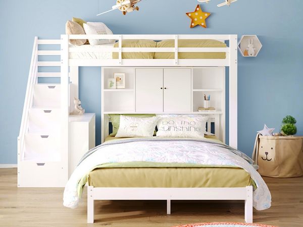SeedWave Etagenbett Kinder-Etagenbett 90x200cm + 140x200cm mit großem Stauraum, Platzsparendes Jugendbett mit beweglichem Schreibtisch