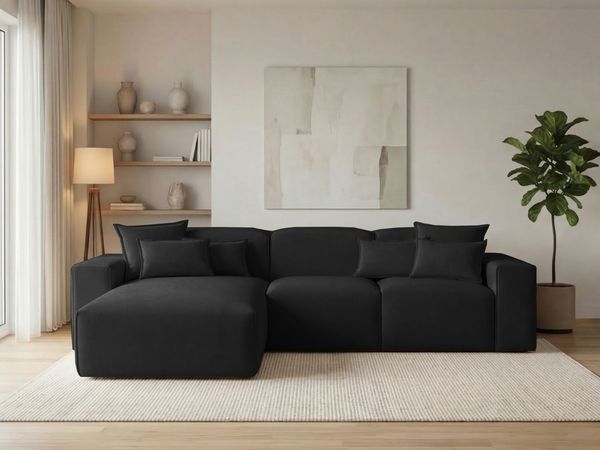 GRAINGOLD Ecksofa Leni, Ecksofa fürs Wohnzimmer, Wohnzimmer Ecksofa L-Form, Velour-Stoff, Schwarz, Links