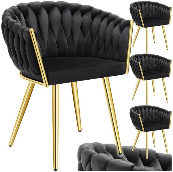 tectake Esszimmerstuhl Küchenstuhl Astano, Belastbarkeit 120 kg, schwarz/gold (4er Set, 4 St), gepolstert, mit Samtbezug, Knotendesign