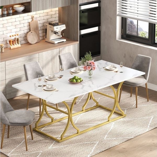 Flieks Esstisch (200x80x76 cm, 1-St, 1 Tisch für 6–10 Personen), rechteckig Küchentisch in weißer Marmoroptik, goldfarbene Metallbeine