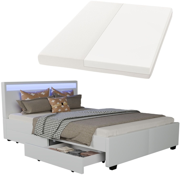 Juskys 'Lyon' Polsterbett mit Schubladen und LED-Beleuchtung, Kunstleder, Weiß, 140x200 cm, true