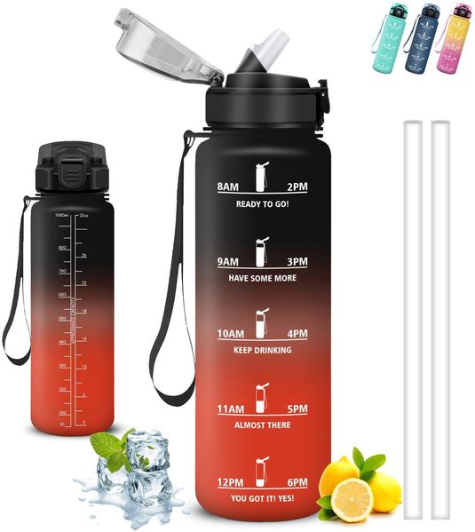 Trinkflasche 1l, Trinkflasche Sport, Trinkflasches mit Strohhalm, Leicht zu Reinigen, Trinkflasches Auslaufsicher, Kann mit dir Tragen, Trinkflasch Motivation, Wasserflasche für Wandern, Yoga, Fitness