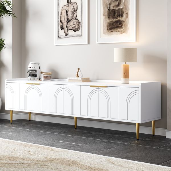 TV-Schrank 170x35x47,5 cm, weiß, mit 3D-Türdesign, goldenen Griffen und Metallfüßen