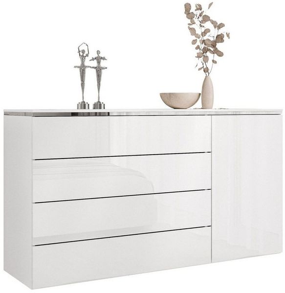 ALLHOUSE24 Kommode PEONY SILBER 140 cm Breite weiß Hochglanz/weiß mit Schubladen, Breite 140 cm
