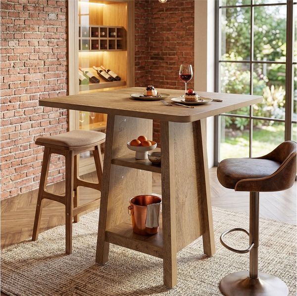 Tribesigns Bartisch 80 cm quadratischer Küchentisch mit Stauraum, 3-stufiger Stehtisch (kleiner Landhaus-Kaffeetisch aus Holz, Kücheninsel)