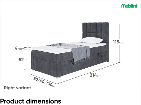 MEBLINI Boxspringbett LUKAS 90x200 cm mit Bettkasten - H3/Dunkelgrau Samt Gepolstert Einzelbett mit Topper & Taschenfederkern-Matratze - 90x200 Rechts Bild 7
