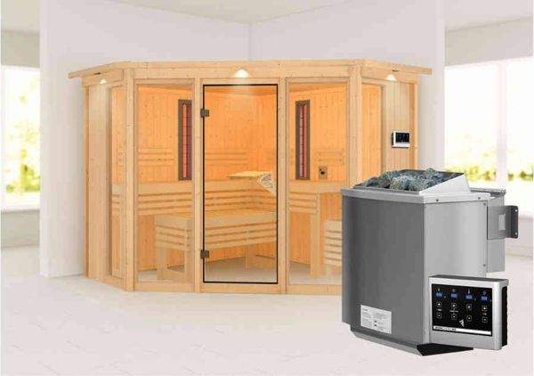 Karibu Sauna Asta mit Dachkranz + 9kW BIO-Kombiofen mit ext. Steuerung Easy