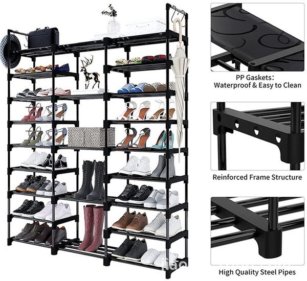 JEOBEST Schuhregal Schuhschrank 9 Ebenen Schuhaufbewahrung, DIY Schuhablagen aus Metall, 1-tlg. Platz Sparen, Standregal Schuhschrank mit Haken