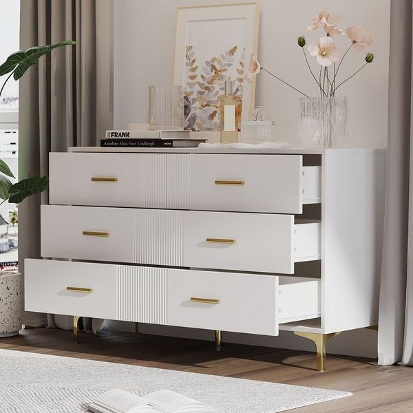Flieks Kommode mit 6 Schubladen Weiß (Maße: H76/B120/T40 cm, 1 St, für Wohnzimmer und Schlafzimmer), Mehrzweckschrank Sideboard Holzschrank, Metallgriffe und Metallbeine