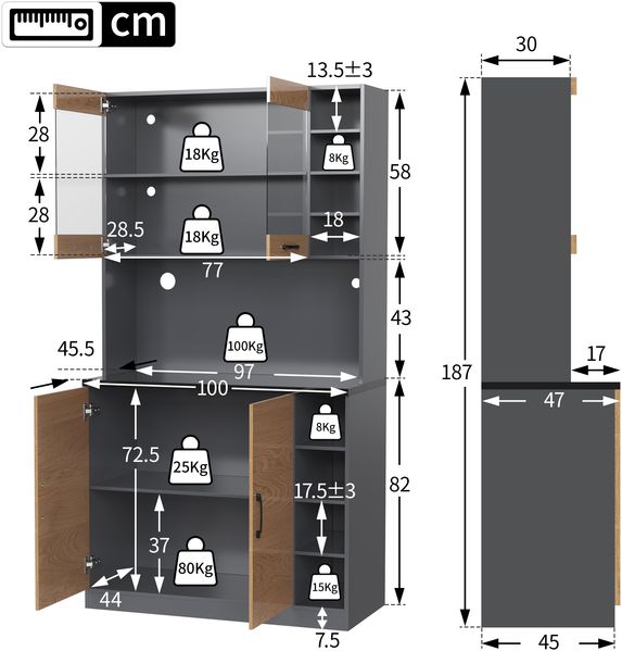 Küchenschrank mit MDF, LED-Beleuchtung & Glasfach, 100x47x187 cm, grau/natur Bild 3