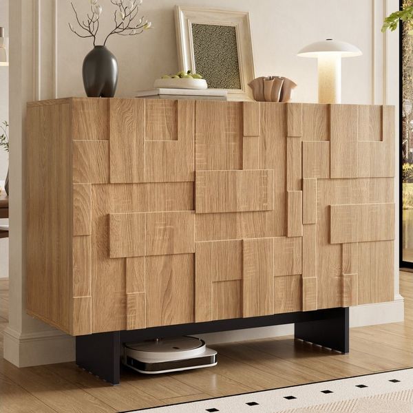 Flieks Sideboard mit geometrischer Strukturfront und verstellbaren Einlegeböden (1 St, 105 x 33,5 x 76 cm), französisches Mehrzweckschrank Wohnzimmerschrank Holzoptik Natur