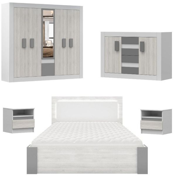 Deine Möbel 24 Schlafzimmer-Set HEAVEN II Komplettschlafzimmer Kleiderschrank 230 cm breit, (Drehtürenschrank Kleiderschrank mit Spiegeltüren Kommode 2x Nachttisch Doppelbett 160x200 inkl. Lattenrost und LED-Beleuchtung, 5-tlg, Set), mit LED-Beleuchtun...