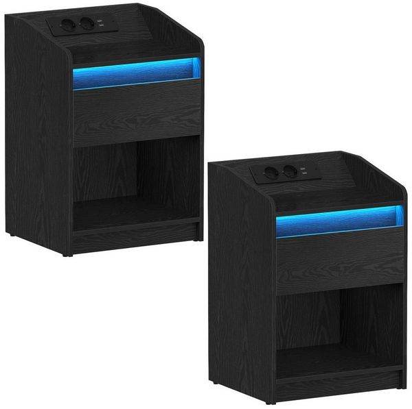 HZUANERI Nachttisch 2er Set, mit LED-Licht - Beistelltisch und Ladestation (2-St), 1 Aufbewahrungsschublade Nachttisch, 2 USB-Anschlüsse, 2 Steckdosen