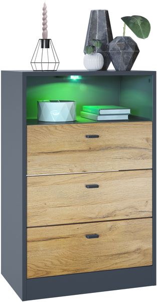 Vladon Kommode Pino V2, Anrichte mit 3 Schubladen & 1 offenem Fach, Anthrazit matt/Eiche Natur mit LED RGB (56 x 86,5 x 36 cm)