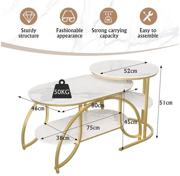 FUROKOY Couchtisch Beistelltisch Sofatisch wohnzimmertisch kaffeetisch 2er set (Runder Tisch Oval), Modern design Couchtisch mit gold beinen,Marmoroptik,Gold + Weiß