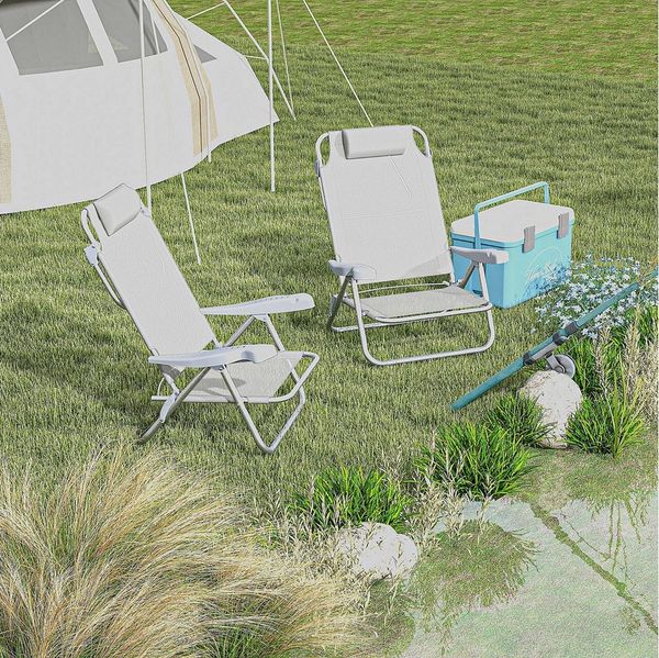 Outsunny Campingstuhl Gartenstuhl mit 6-fach verstellbarer Netzrückenlehne Kopfstütze (faltbar Anglerstuhl, 2 St), bis 120 kg für Garten Strand Hellgrau