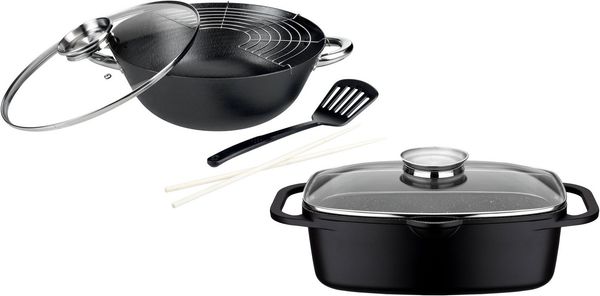 GSW Topf-Set Gourmet Granit, Gusseisen (Set, 4-tlg, 1 Bräter 32cm, 1 Wok Ø32cm, mit Deckel, Gittereinsatz, Pfannenwender), Induktion