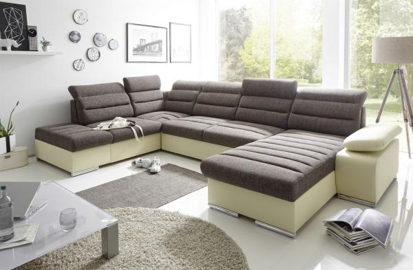 Couchgarnitur PASCARA U-Form mit Schlaffunktion-Creme /Ottomane Rechts