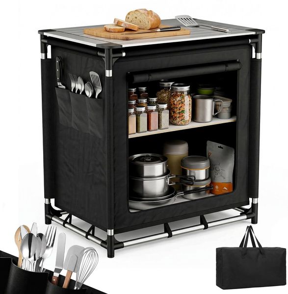 Sekey Campingschrank Faltbar Campingküche mit Aluminiumgestell und Aluminium-Arbeitsplatte, Schwarz