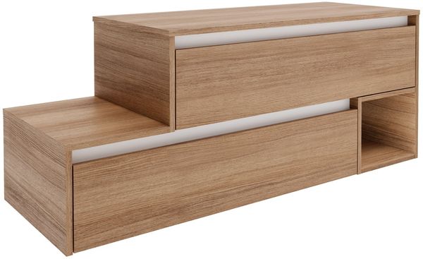 FACKELMANN VITA Waschbeckenunterschrank 129 cm breit, Braun hell, mit weißen Blenden, 1 Fach, Ablage links, asymmetrisch