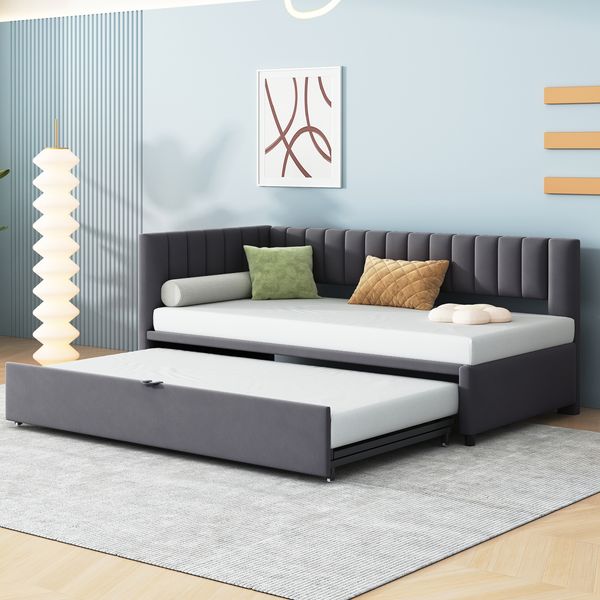 L-förmiges Schlafsofa 90x200 cm mit ausziehbarem Gästebett – Samt Sofa mit Stauraum, Jugendbett, Klappsofa in Dunkelgrau