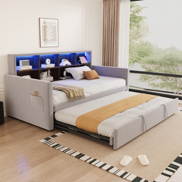 Merax Einzelbett Daybett 90x190cm Tagesbett Polsterbett Schlafsofa , Kopfteil mit integrierten Staufächern, LED-Lichtleiste und Ladesteckdosen, mit ausziehbarem Bett, Samt, Hellgrau