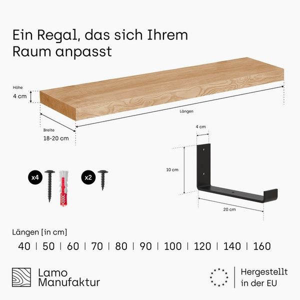 LAMO Manufaktur Wandregal mit schwarzem Industrial Regalträger 40 cm, Komplett-Set, 40mm stake Massivholzplatte
