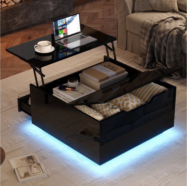 Merax Couchtisch Hochglanz Sofatisch mit Hebefunktion und LED-Acryllicht (Anhebbarer Wohnzimmertisch Kaffeetisch, 1-St, 70x70x38cm), Beistelltisch mit Schublade,verstecktem Stauraum,klappbare Tischplatte