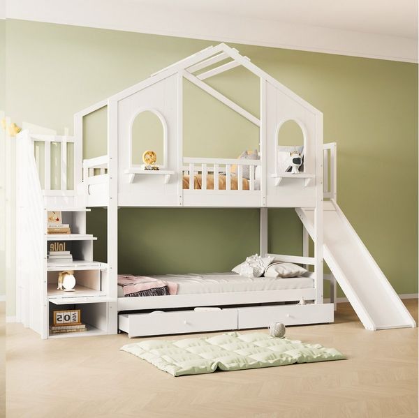 Flieks Etagenbett, Kinderbett Hausbett 90x200cm mit Stauraumtreppe, Rutsche, 2 Schubladen