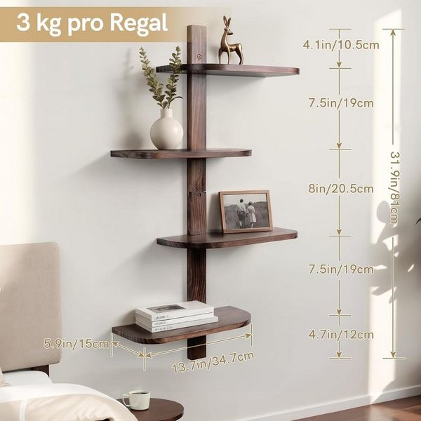 Holz Lichter Wandregal Wandregal Holz Vintage, 4 Ebenen – Vertikales Schweberegal Braun, pflegeleicht, langlebig, Vertikales Design, platzsparend für viel Stauraum