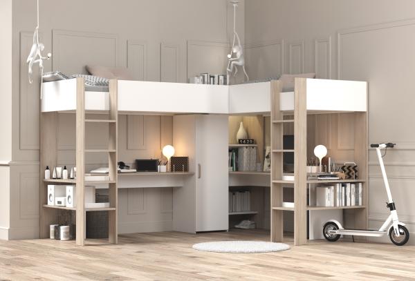 Hochbett >Alex< in Weiss / Jackson Eiche Dekor - 232x296x180cm (LxBxH)