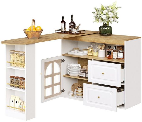i@home Bartisch 360° drehbare Essbar mit Regalen und Bogenglas, schwarz /weiß, 2 Schubladen, offenes Ablagefach, drehbarer Sideboardschrank