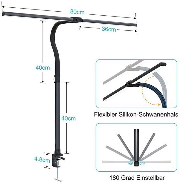 Rosnek LED Tischleuchte Doppelköpfe, 24W, 5 Farben und Helligkeit, für Architekten Büro Lesen, 3200-6500 K, mit Fernbedienung, mit flexibler Schwanenhals