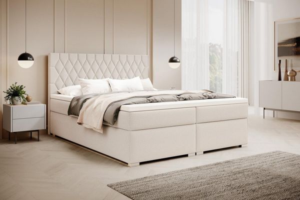 Compleo Boxspringbett mit abgerundetes Kopfteil, Designerbett, Luxusbett mit Bettkasten