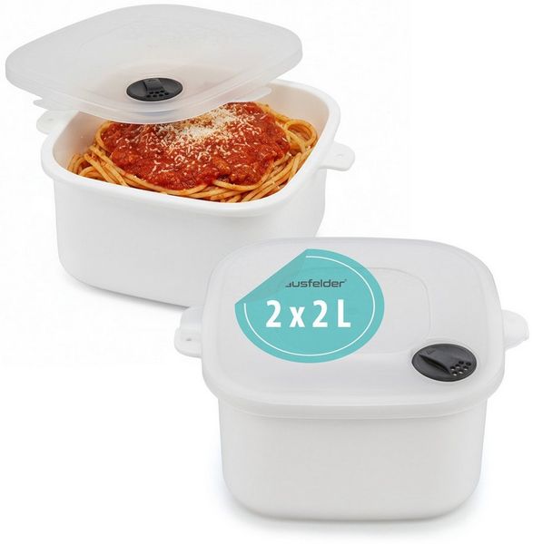 Hausfelder Mikrowellenbehälter Mikrowellentopf 2er Set, 2 x 2 Liter, Mikrowellengeschirrr mit Deckell, Mikrowellentopf 2 x 2 L, (2er Set, Set), BPA-freier Kunststoff, mit Dampfventil