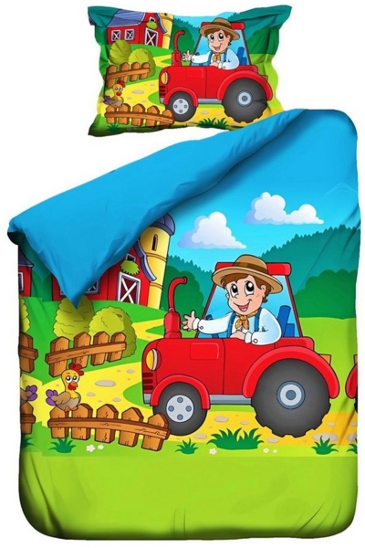 JACK Babybettwäsche 100x135 cm Traktor Bauer Feld, Renforcé, 2 teilig, Babybettwäsche, fröhlicher Farmer, Reißverschluss