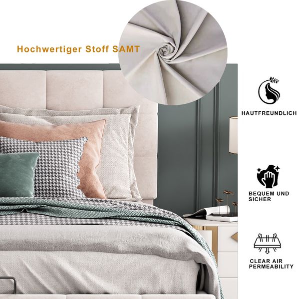 Polsterbett 140*200, Doppelbett mit Hydraulisch anhebbarer Bettstauraum ,höhenverstellbares Polsterkopfteil, Metalllattenrost, Hautfreundlicher Samtstoff Doppelbett Erwachsenen Jugendbett Cremeweiß Bild 9