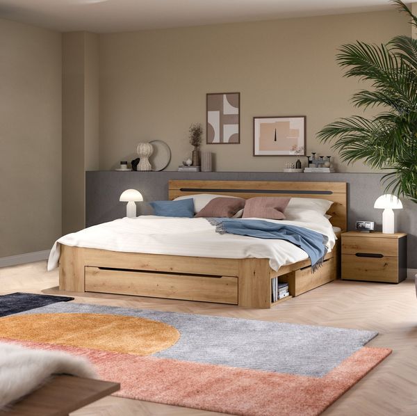 Home affaire Schlafzimmer-Set REHAT, 3-teilig, bestehend aus: Stauraumbett & 2x Nachtkommode, (3-tlg, TOPSELLER!, für Matratzengröße 140x200 cm, viel Stauraum), Rehat, Schlafzimmerset, Bett 180x200 cm, Nachttische