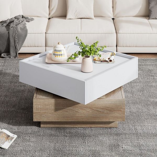 REDOM Couchtisch 360° drehbarer, 2-stufiger Wohnzimmertisch mit Schubladen (Satztisch, Wohnzimmertisch Beistelltisch, Wohnzimmertisch, 1-St, Elegantes Farbspiel), Weiß und Walnuss
