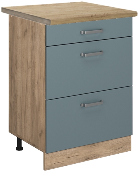 Küchenunterschrank R-Line Blau-Grau 60 cm mit Schubladen, AP Eiche Vicco