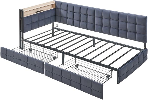 Schlafsofa 90×200 cm mit LED-Kopfteil, USB/Typ-C-Anschlüssen & Stauraum-Schubladen, modernes Polsterbett umbaubar Bild 9
