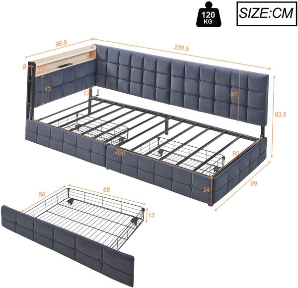 Schlafsofa 90×200 cm mit LED-Kopfteil, USB/Typ-C-Anschlüssen & Stauraum-Schubladen, modernes Polsterbett umbaubar Bild 10